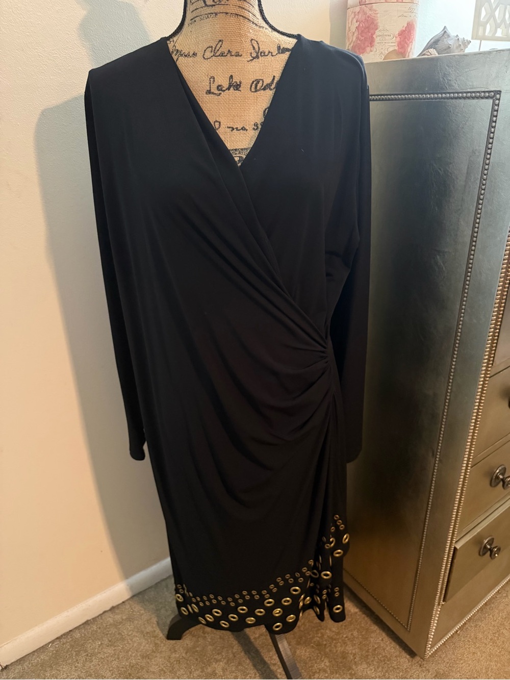 Michael Kors Black Long Sleeve Wrap Dress with Gold Eyelet Detail